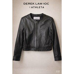 Derek Lam 10 Crosby x Athleta Black Leather Jacket Zip Front Cropped Moto Sz L